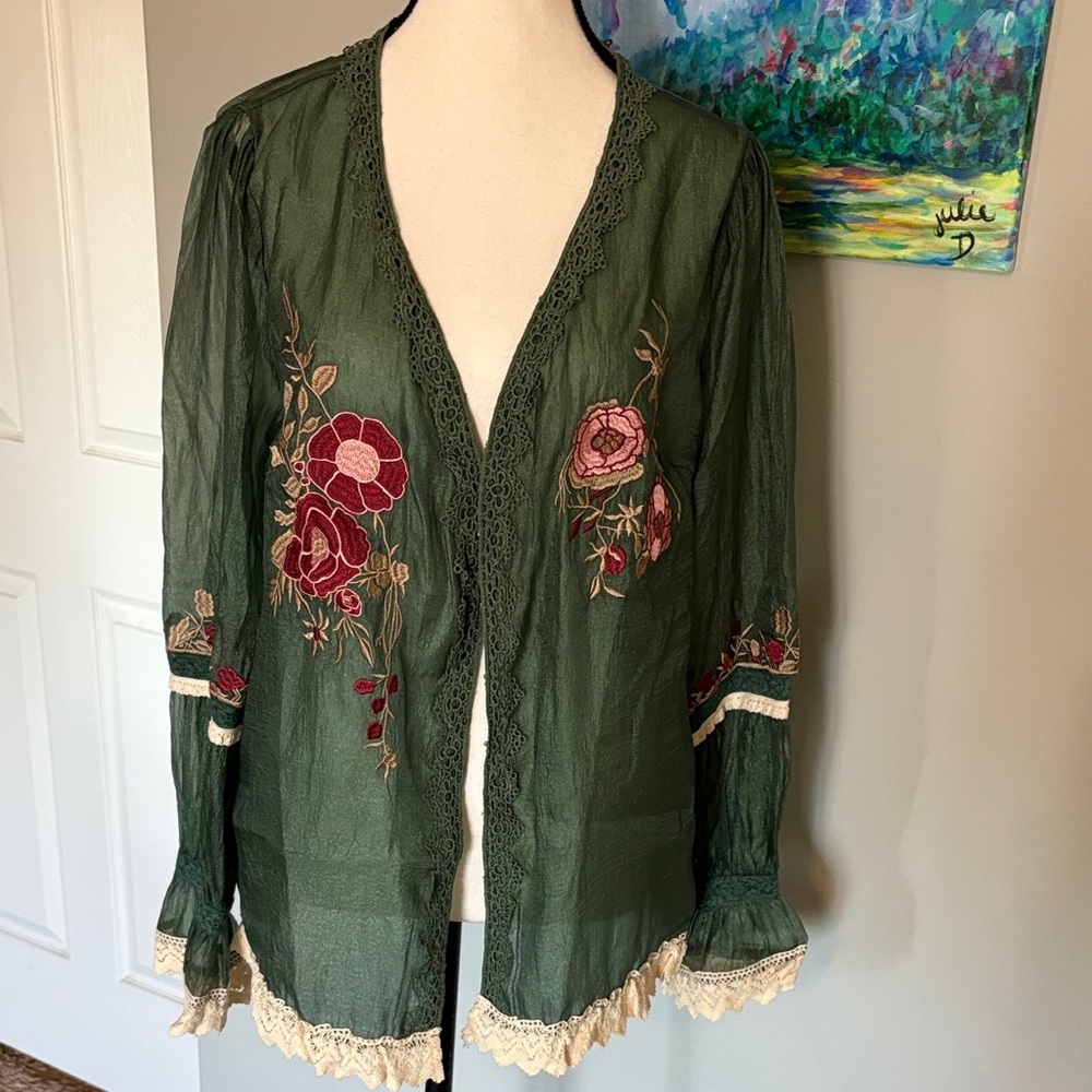 Embroidered Olive Green Peasant Blouse with Lace Trim